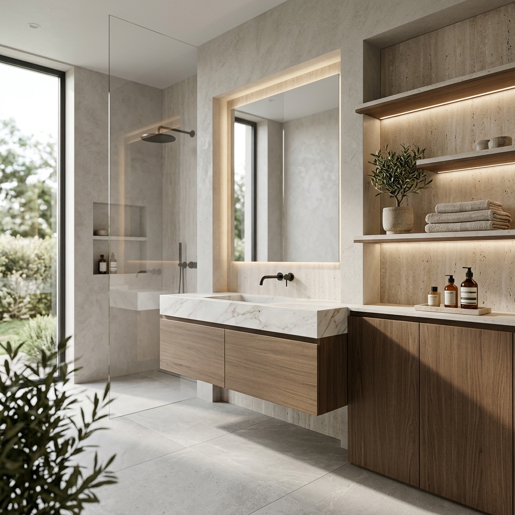 Современная ванная с подсветкой и деревом
