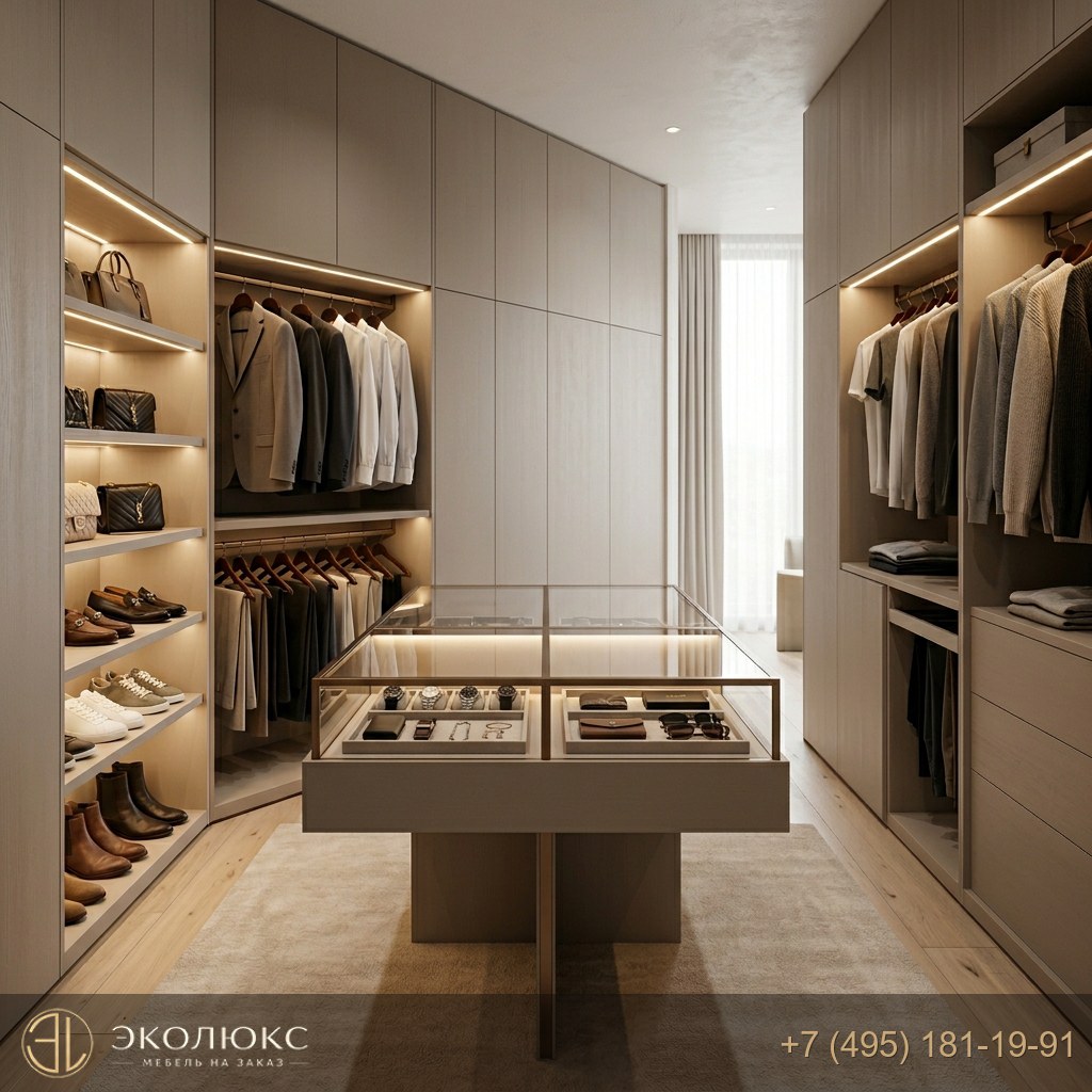 Гардеробная с LED-подсветкой и стеклом