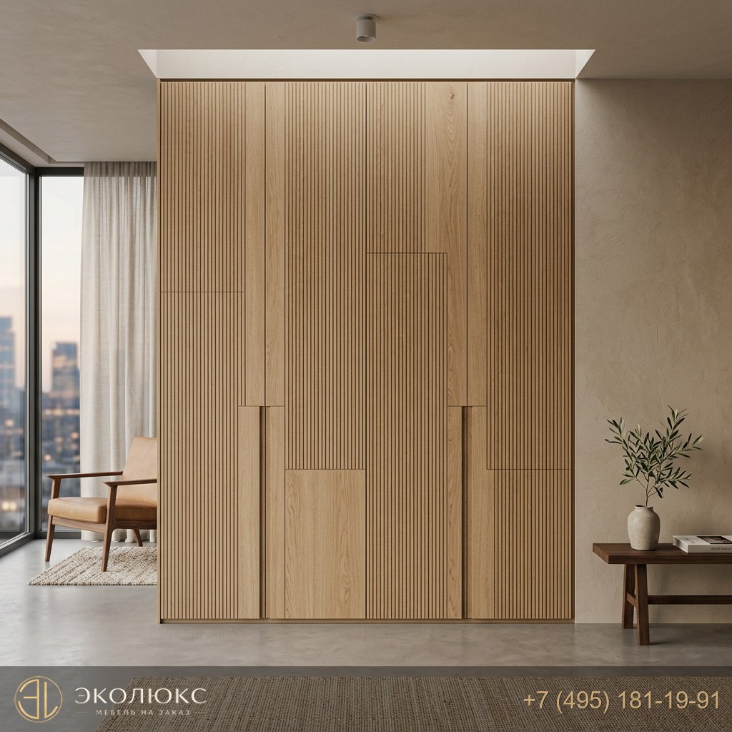 Шкаф во всю стену с рифлёными фасадами